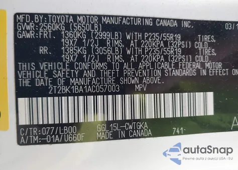 2010 Lexus Rx 350 z USA, uszkodzony, nr VIN 2T2BK1BA1AC057003